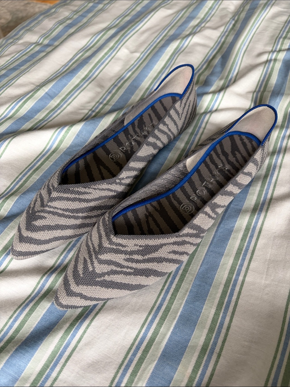 Rothy's Gray Zebra-Print Pointed Flats with Blue Trim